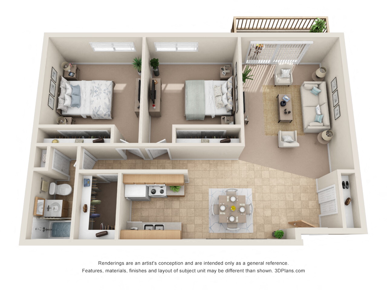 Floor plan for 2 beds, 1 bath, 918 sqft